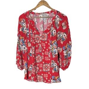 Valerie Steven Blouse Red Floral Multicolor Cottage Balloon Sleeve Boho L